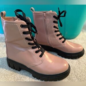 Limelight Pink and Black Combat Moto Boots with Glossy Finish